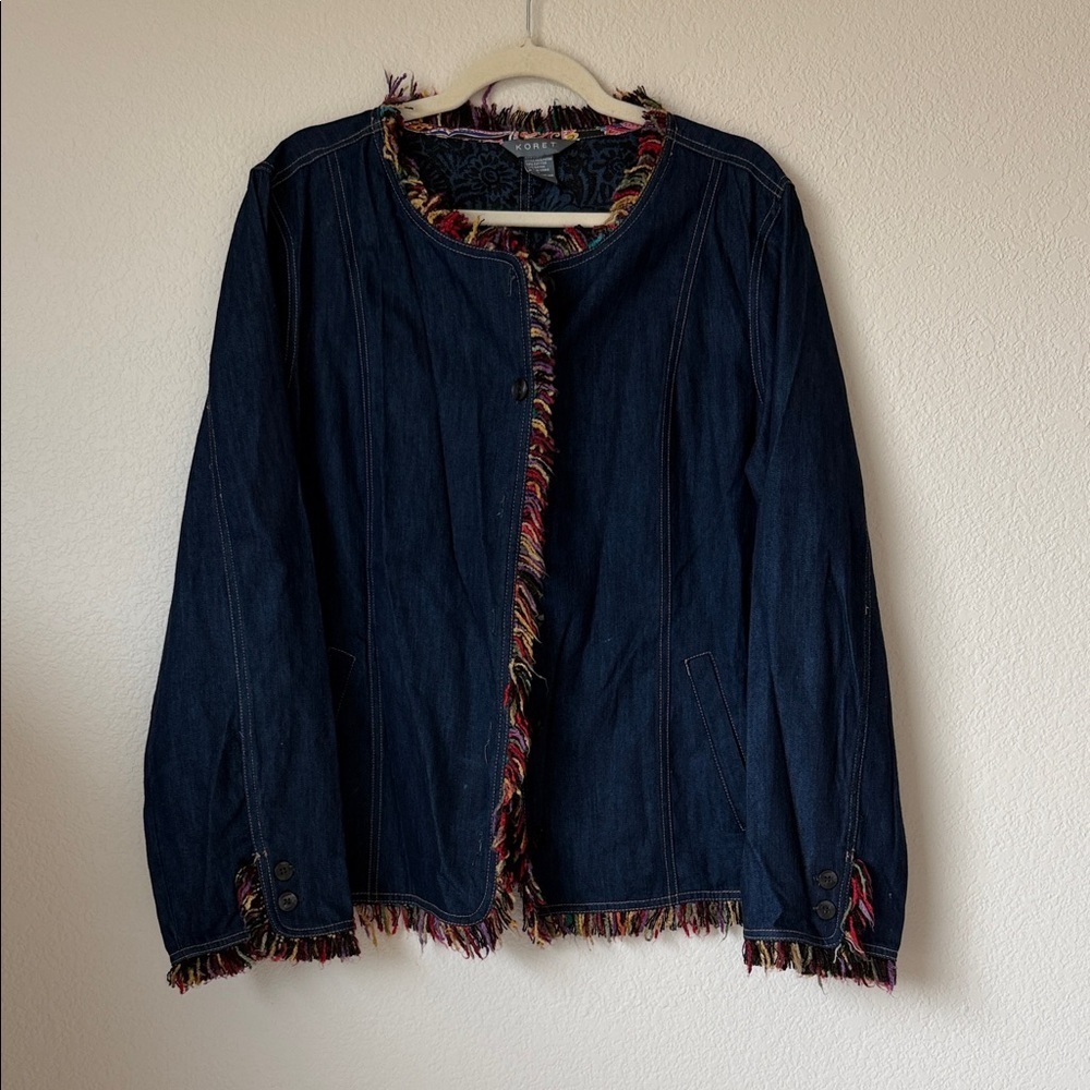 Koret Denim Jacket Fringe Trim Indigo Boho Jean Jacket Womens XL